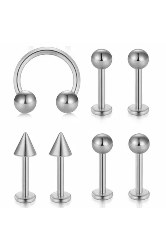 7PCS 20G Horseshoe Spike Barbell Cartilage Lip Nose Septum Ear Ring Stud Hoop-Silver