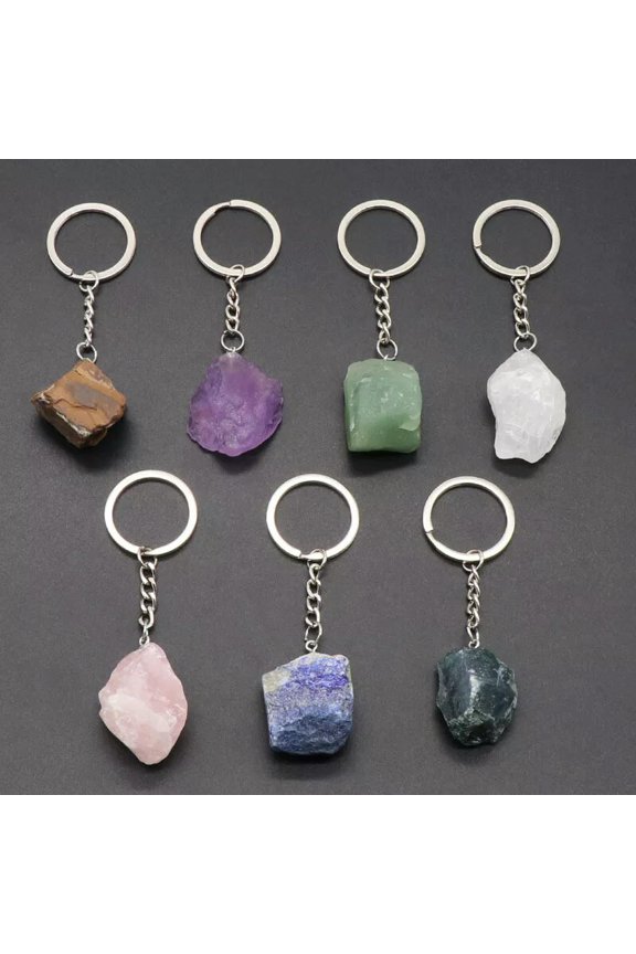 7PCS Color Raw Stone Gem Stone Crystal Keychain Key Ring Natural Healing