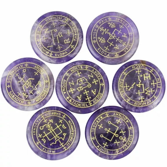 MATROOY 7Pcs Natural Crystal Palm Stone Engraved Circle Magic Archangel Healing Amulet-Amethyst