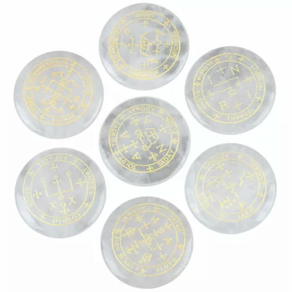 MATROOY 7Pcs Natural Crystal Palm Stone Engraved Circle Magic Archangel Healing Amulet-Clear Quartz