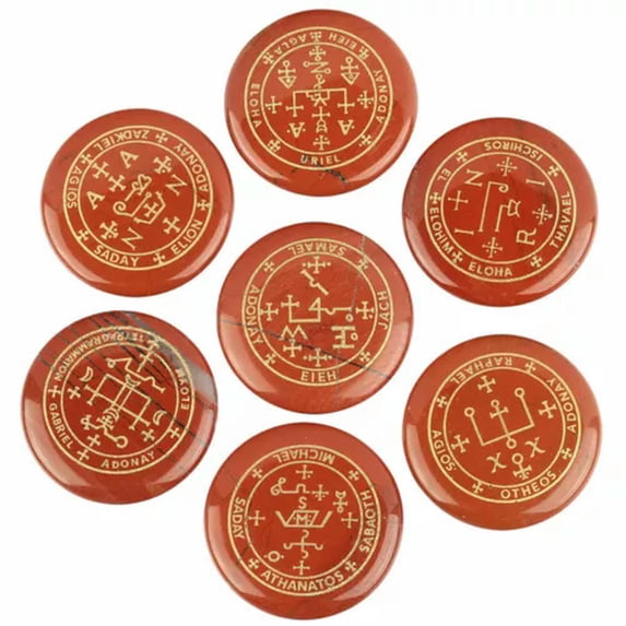 MATROOY 7Pcs Natural Crystal Palm Stone Engraved Circle Magic Archangel Healing Amulet-Red Jasper