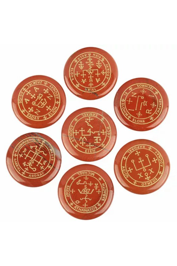 7Pcs Natural Crystal Palm Stone Engraved Circle Magic Archangel Healing Amulet-Red Jasper