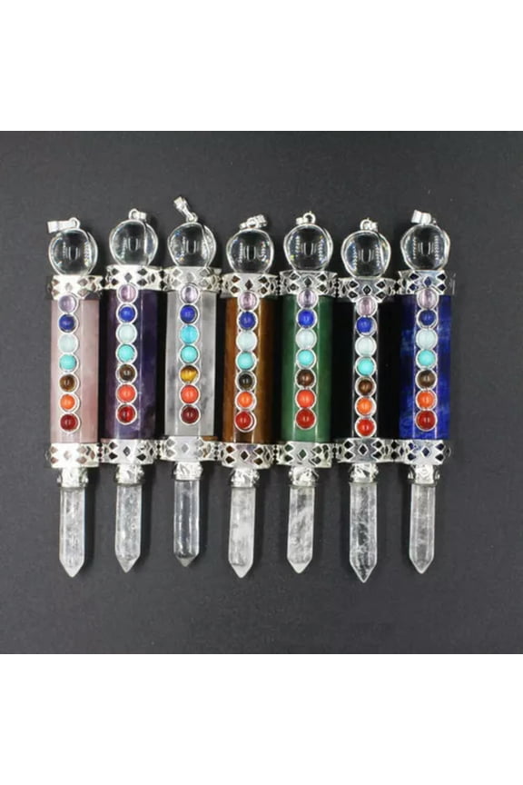 7pcs Natural Crystal Hexagon Chakra Point Stone Pendulum Pendant Reiki Amulet