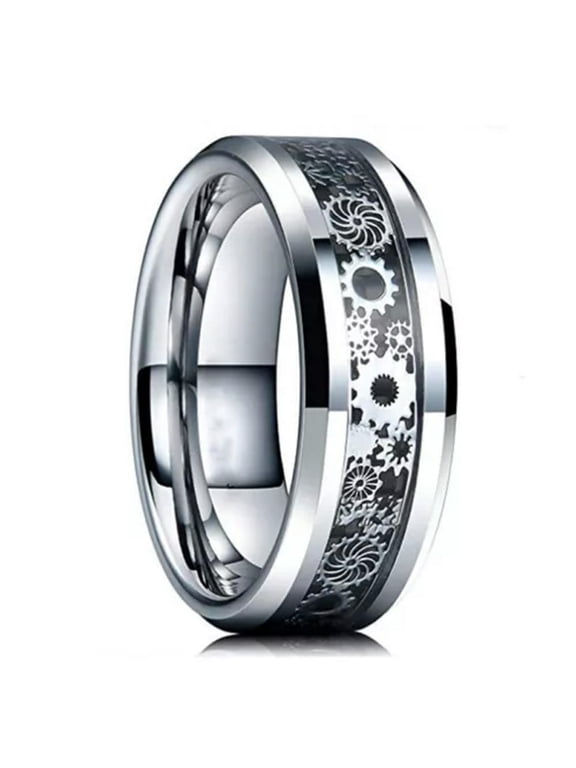 -8mm Men's Stainless Steel Dragon Color Contrast Ring Gear Jewelry Wedding Band-silver-12