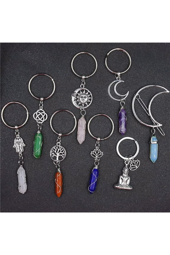 8pcs Natural Quartz Crystal Hexagonal Chakra Pendulum Stone Key Chain Jewelry
