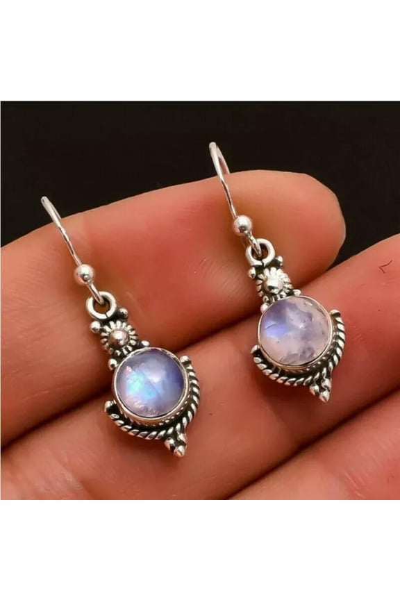 925 Silver Boho Natural Stone Moonstone Earrings Dangle Hook Drop Charm Women