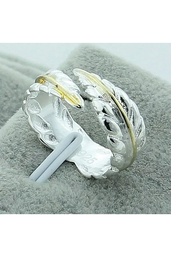 925 Silver Open Adjustable Rings Gold Feather Ring Women Jewelry Size7-8