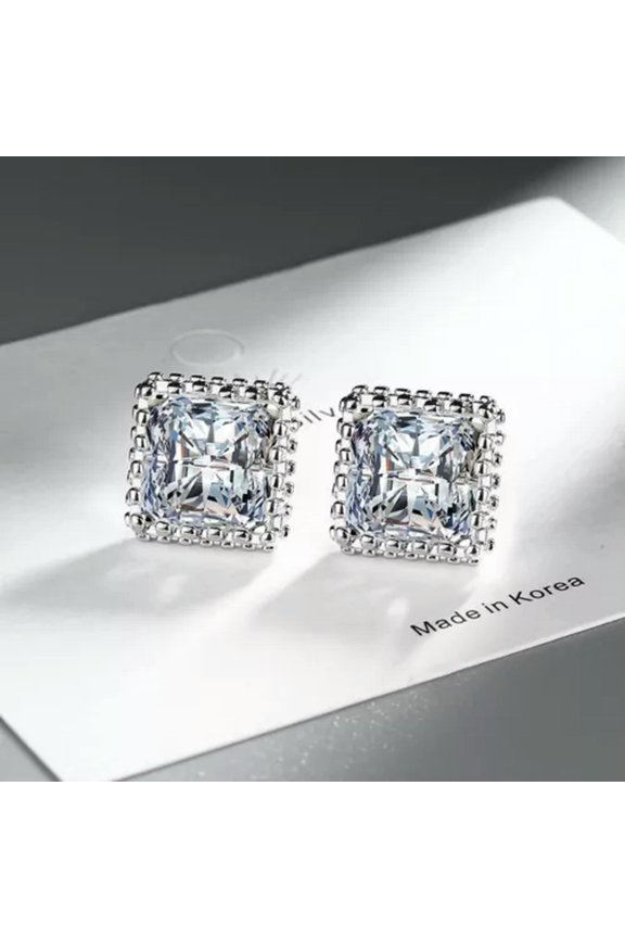 925 Silver Square Zircon Stud Earrings Women Fashion Jewelry 2 Color-Silver