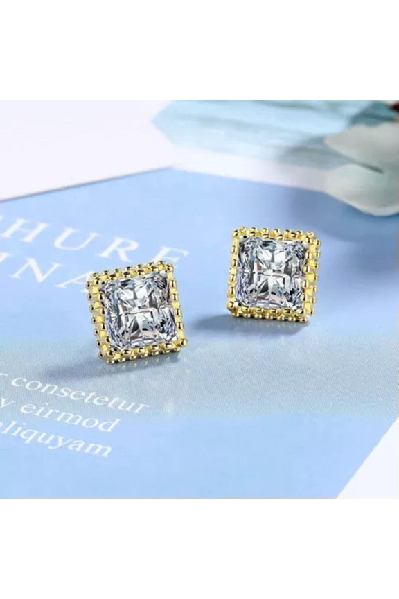 925 Silver Square Zircon Stud Earrings Womens Fashion Jewelry 2 Color-Gold