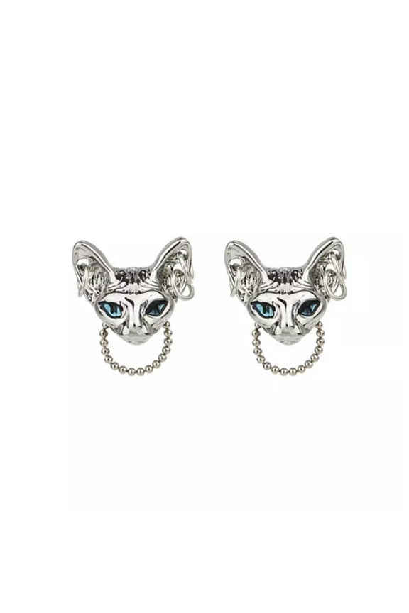 925 Sliver Plated Sphynx Cat Blue Eye Ear Stud Earrings Chain Women Fashion Gift-Sliver