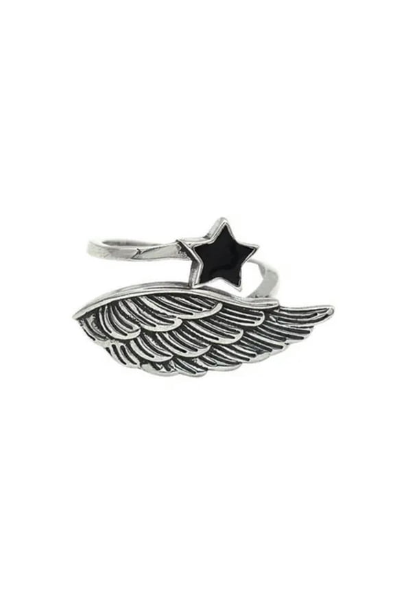 925 Sterling Silver Black Star Wing Adjustable Wrap Open Ring A3468