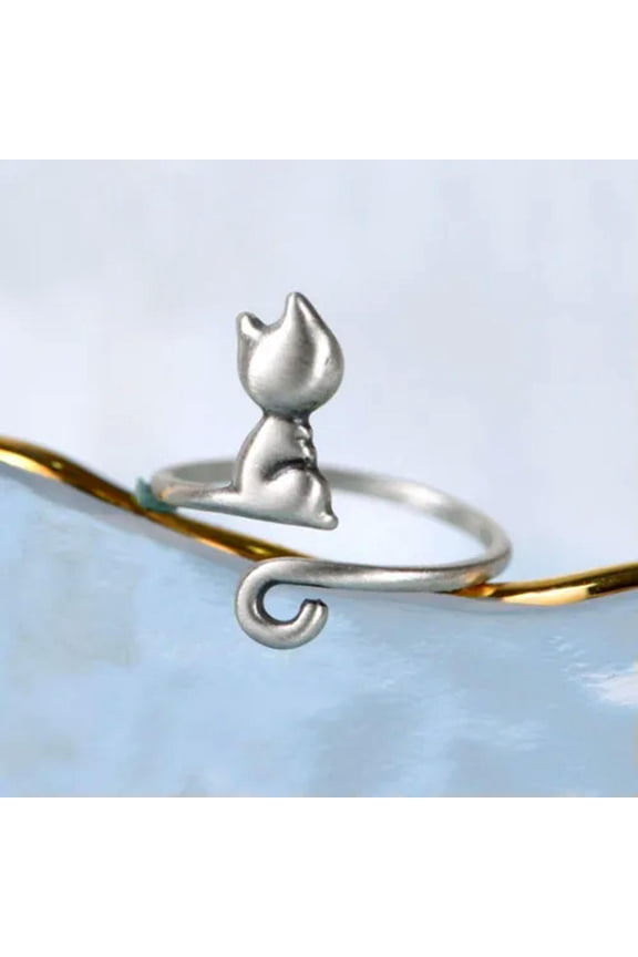 925 Sterling Silver Brushed Cat Cute Open Pinkie Thumb Ring A3035-6