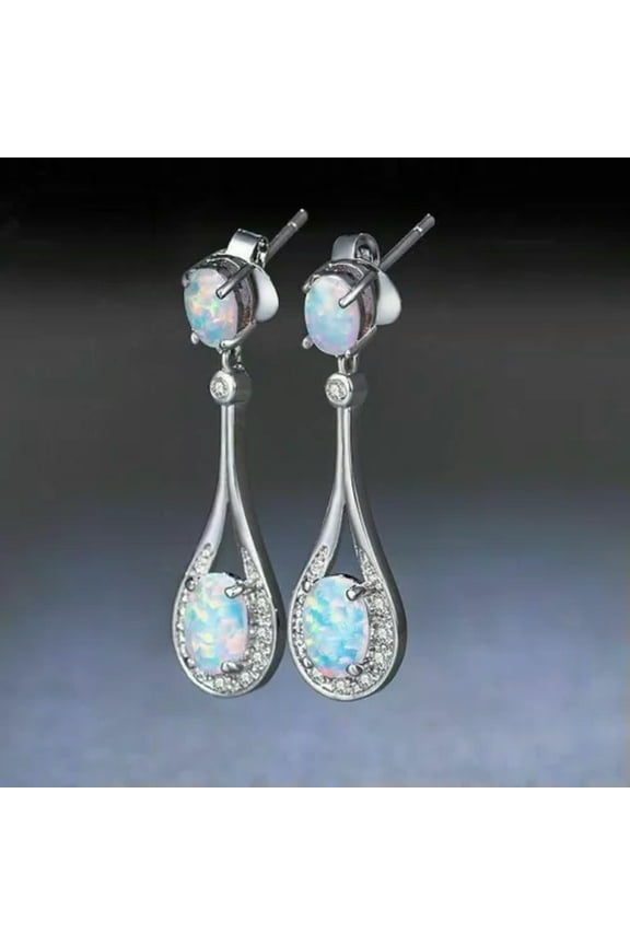 925 Sterling Silver Fire Opal Dangle Drop Women Fashion Jewelry Stud Earrings