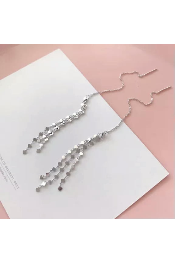 925 Sterling Silver Hearts Tassel Threader Ear Thread Through Earrings A1879