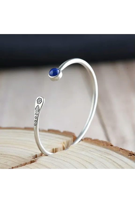 925 Sterling Silver Lapis Lazuli Boho Bali Bangle Bracelet A2409