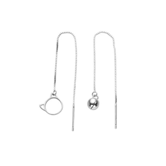 MATROOY 925 Sterling Silver Lovely Cat Bell Threader Line Thread Earrings A1114