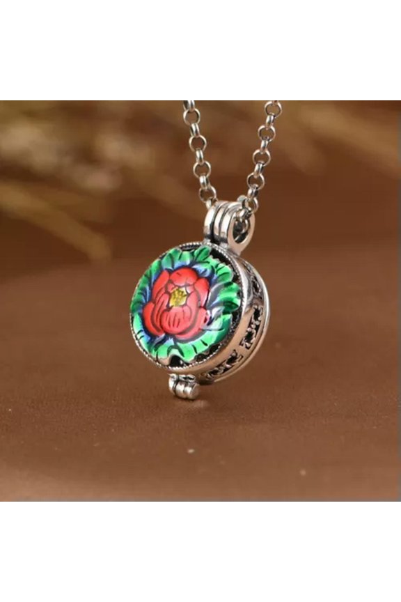 925 Sterling Silver Men Women Lucky Enamel Peony Flower Sachet Box Pendant Gift