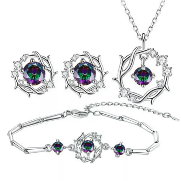 MATROOY 925 Sterling Silver Multicolor Crystal Necklace Bracelet Earrings Jewelry Sets-Silver