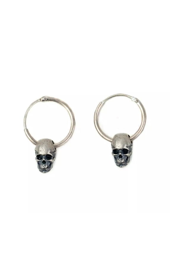 925 Sterling Silver Skull Drop Dangle Hoop Earrings Gothic Punk Rock Vintage