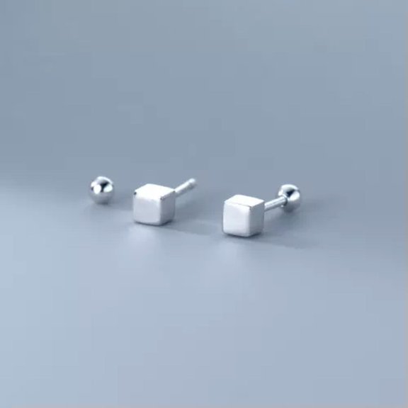 MATROOY 925 Sterling Silver Square Cube Stud Screw Back Earrings A4292