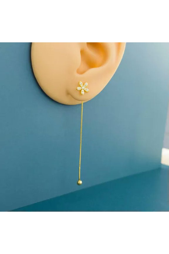 925 Sterling Silver Summer Flower Threader Dangle Earrings Pull Through A4463-Gold
