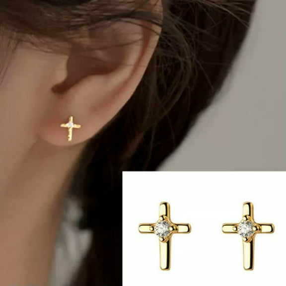 MATROOY 925 Sterling Silver TINY Cross CZ Stud Earrings A1602-Gold