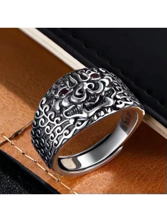999 Fine Silver Band Men Women Lucky Red Eye God Guard Beast Pattern Ring