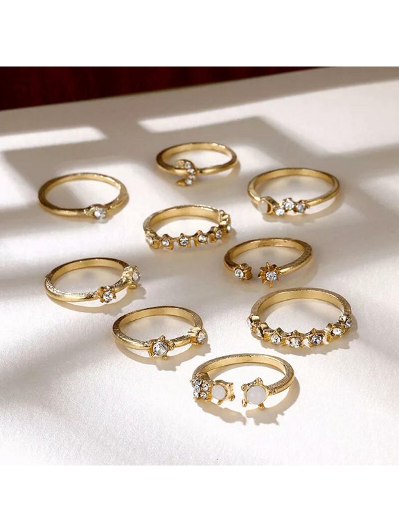 9Pcs Vintage Crystal Star Moon Rings Set Women Boho Finger Ring Fashion Jewe WY4