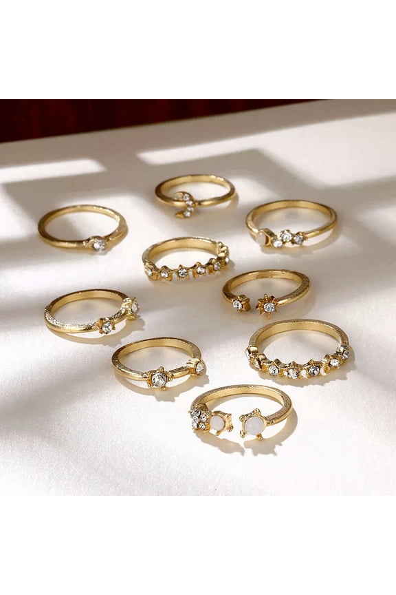 9Pcs Vintage Crystal Star Moon Rings Set Women Boho Finger Ring Fashion Jewelry