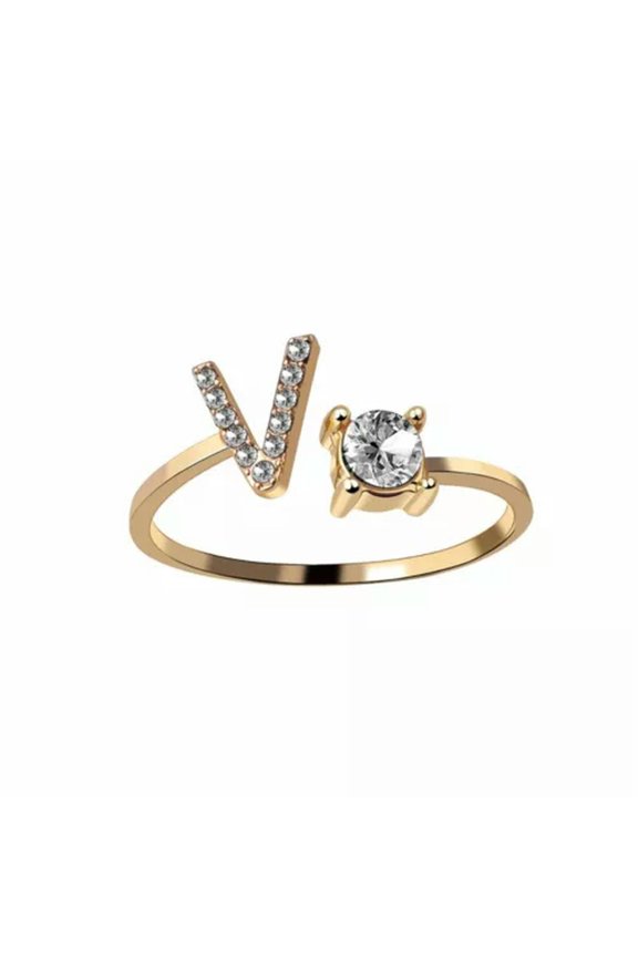 Adjustable Open Initial A-Z Letters Ring Fashion Zircon Ring Womens Jewelry Gift-Gold-V