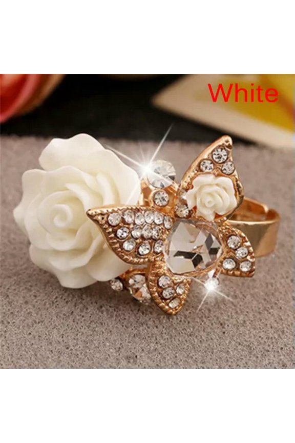 Adjustable Rose Butterfly Finger Ring Crystal Rhinestone Ring Engagement Jew WY4-White-