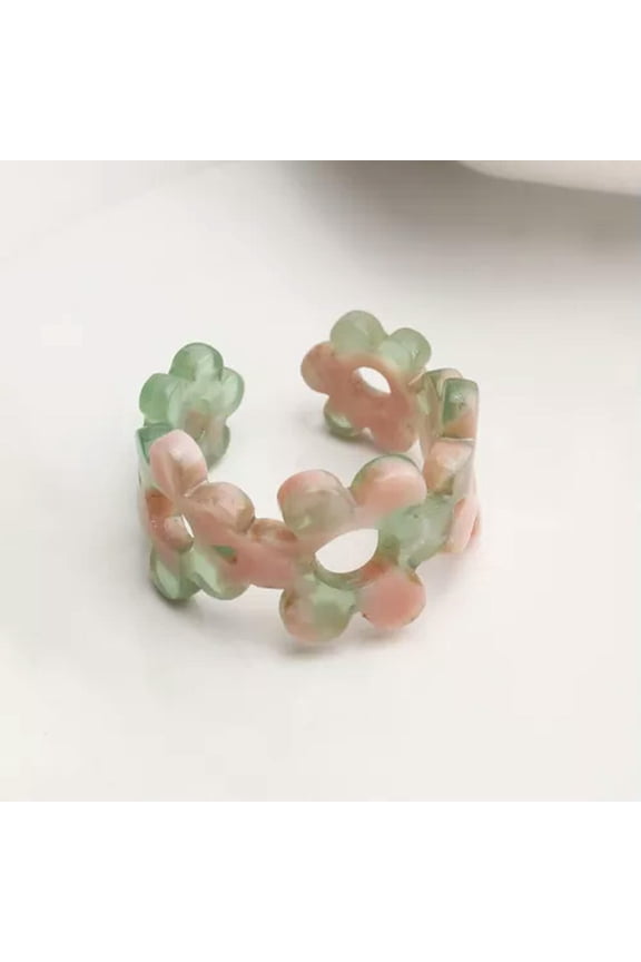 Adjustable Small Flower Opening Ring Plastic Ring Finger Jewelry Gift Trendy-Pink Green-Resizable