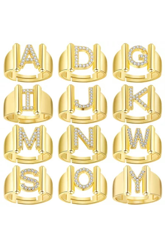 Alphabet A-Z Cubic Zirconia Initial Letter Open Rings Women Statement Adjustable-E