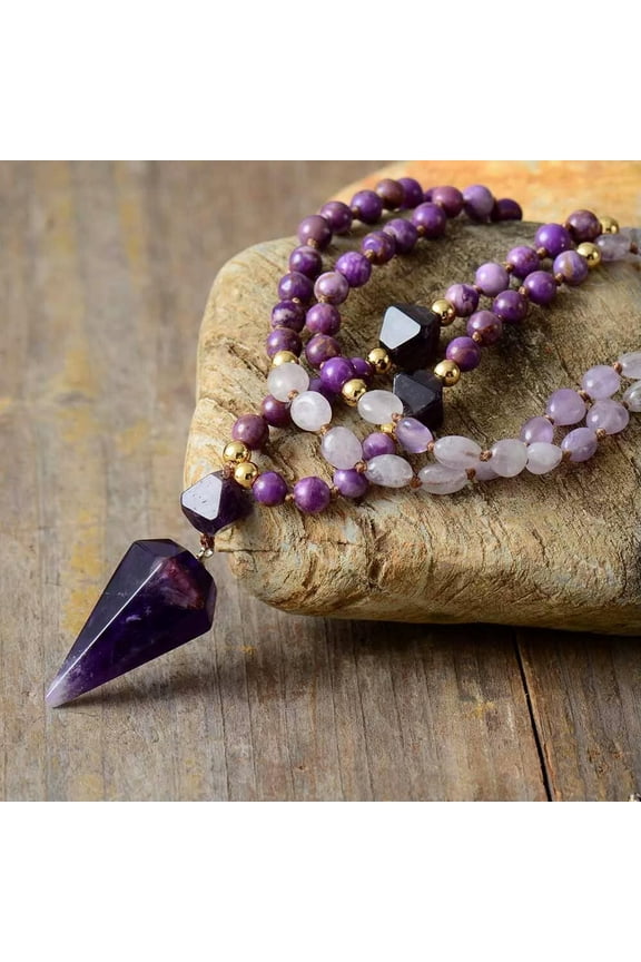 Amethyst 108 Mala Bead Healing Meditation Hexagonal Unisex Pendant Necklace Gift