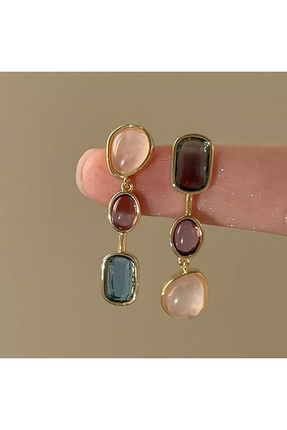 Asymmetric Colorful Gem Earrings For Women Silver Needle Medium Antique Earr WY4