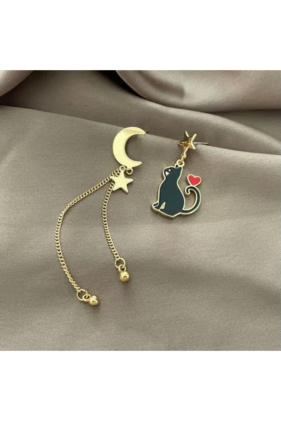 Asymmetric Pearl Crystal Cat Tassel Earrings Long Drop Dangle Women Jewelry New-8.Moon Cat-Black