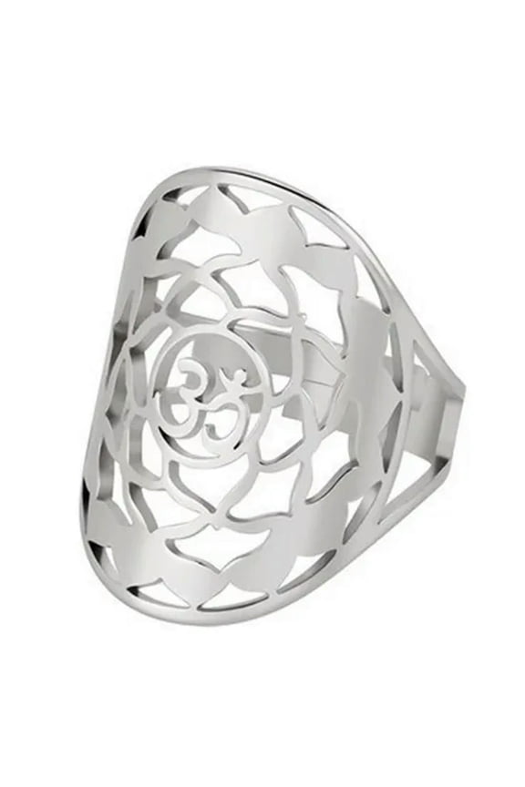 Aum Meditation Ring Silver Stainless Steel Lotus Flower Om Yoga Bohemian Band-9