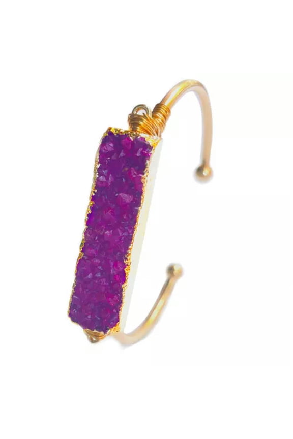 Bangle Bracelet Crystal Druzy Cluster Stone Quartz Gold Tone Healing Jewelry-Rose Red