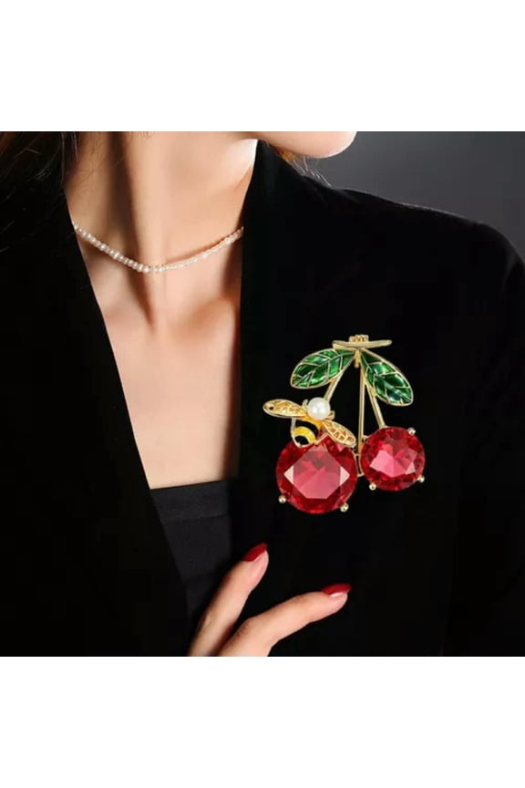 Bee Cherry Red Rhinestone Enamel Costume Cherries Brooch Pin Jewelry