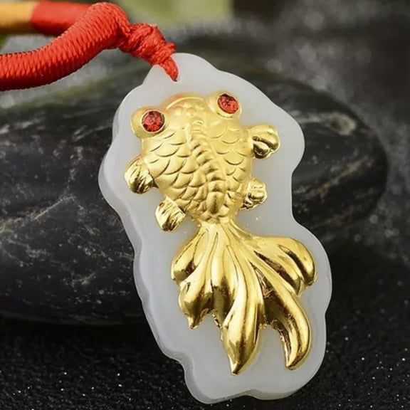 MATROOY Best Yellow Gold Leaf Natural White Jade Zircon Lucky Red Eye Fish Pendant