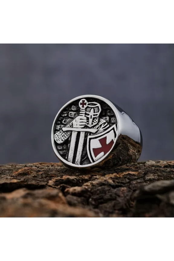 Biker 316 Stainless Steel Knights Templar Armor Shield Red Cross Ring for Men-10