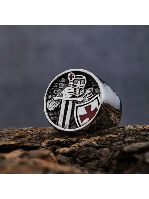 Biker 316 Stainless Steel Knights Templar Armor Shield Red Cross Ring for Men-7