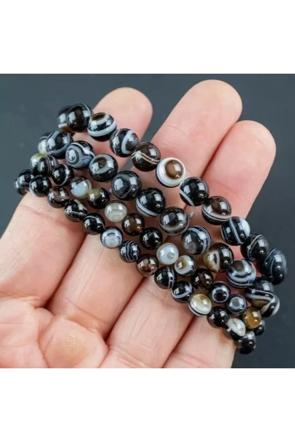 Black Agate Sardonyx Crystal 8MM Beaded Healing Reiki Balance Stretch Bracelet