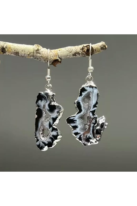 Black Druzy Agate Geode Crystal Slice Slab Dangle Healing Protection Earrings