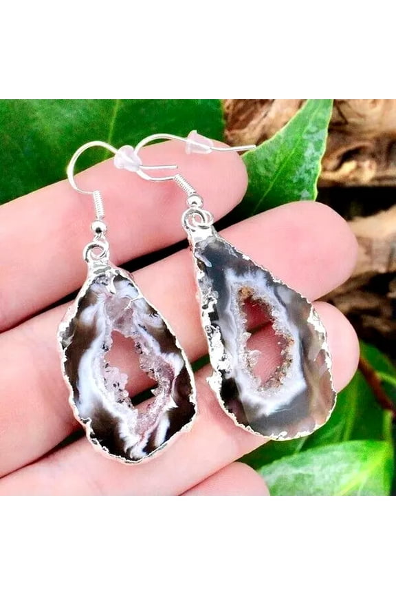 Black Druzy Agate Slice Slab Dangle Healing Reiki Protection Women Earrings Gift