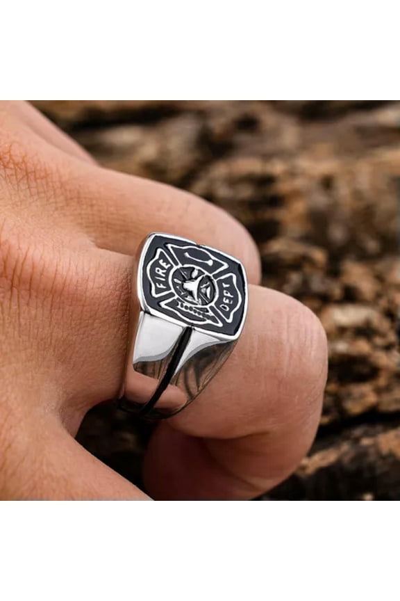 Black Enamel Firefighter Fire Department Ring Stainless Steel Men's Honor Ring-10
