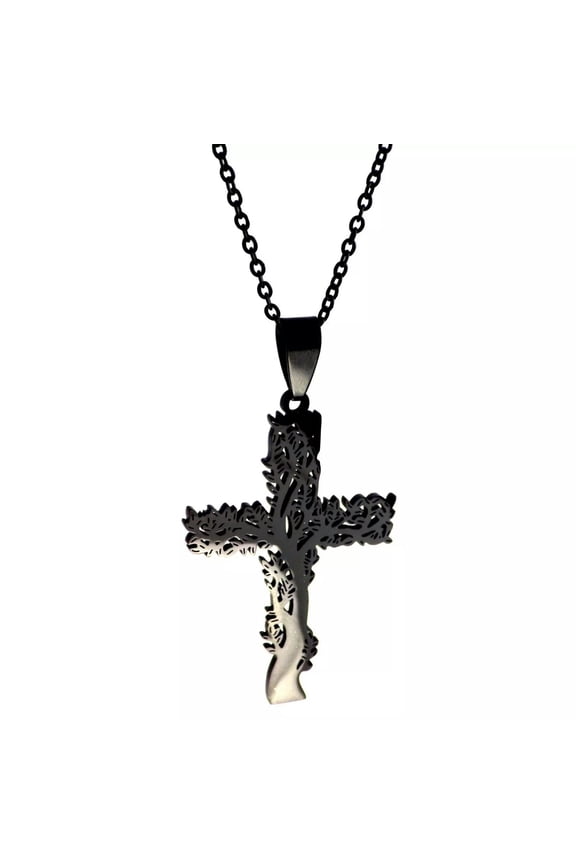 Black Nature Cross Necklace Stainless Steel Tree Crucifix Pendant with Chain