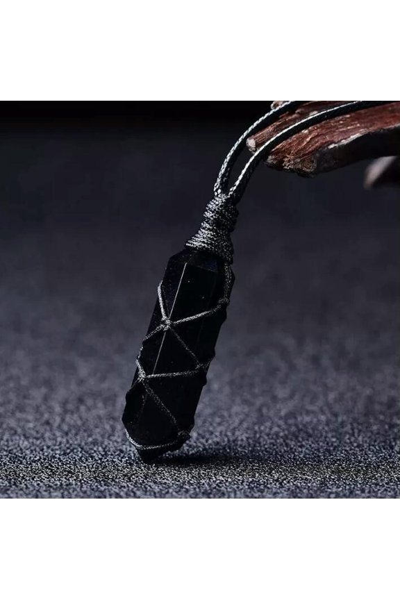 Black Obsidian Hexagonal Amulet Healing Reiki Point Wrapped Pendant Men Necklace