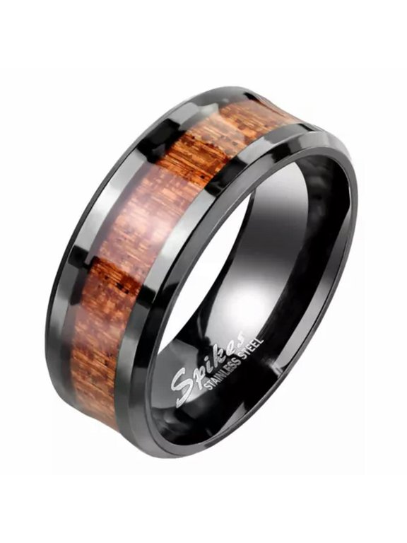 Black Stainless Steel KOA Wood Ring Mens Womens Casual Band Sizes 7-13 8mm-10