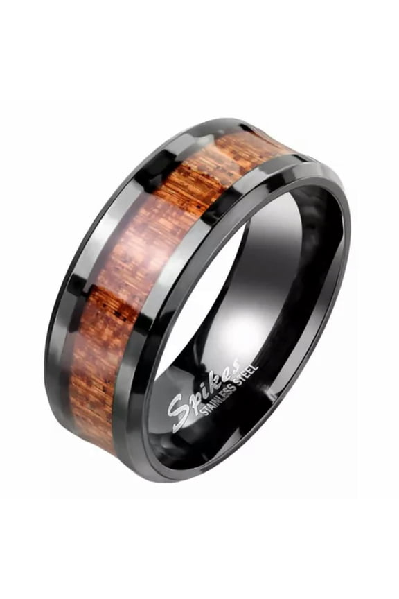 Black Stainless Steel KOA Wood Ring Mens Womens Casual Band Sizes 7-13 8mm-12